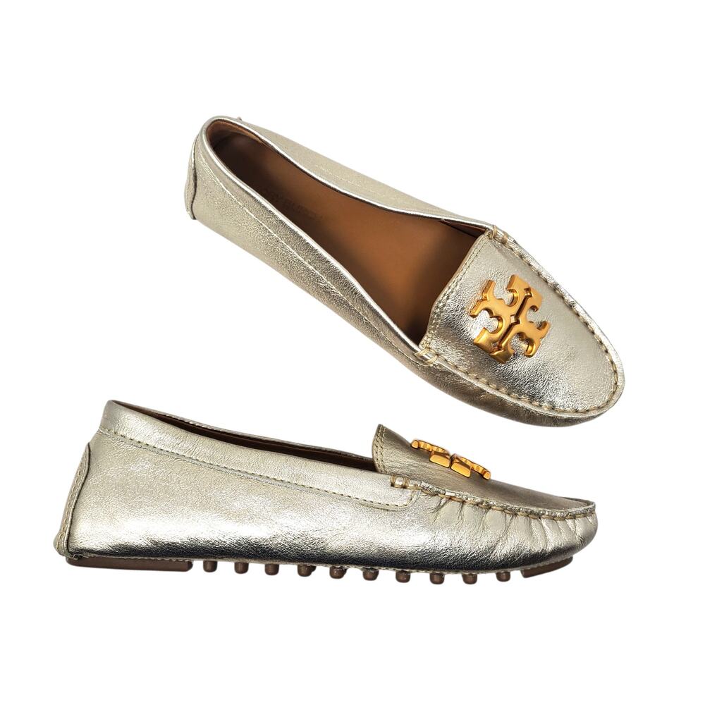 Tory Burch Everly Driver Loafer Flat Metallic Gold Leather 141377 Size US 7.5 M